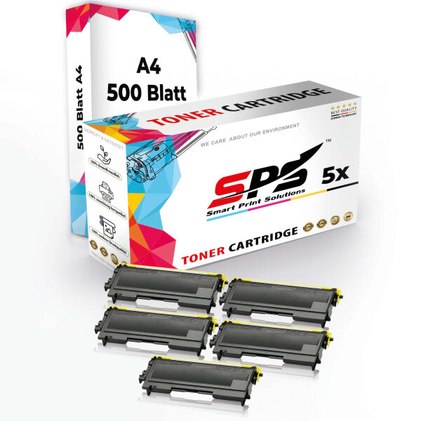 Druckerpapier A4 + 5x Multipack Set Kompatibel für Brother DCP-7010 (TN-2000) Toner Schwarz