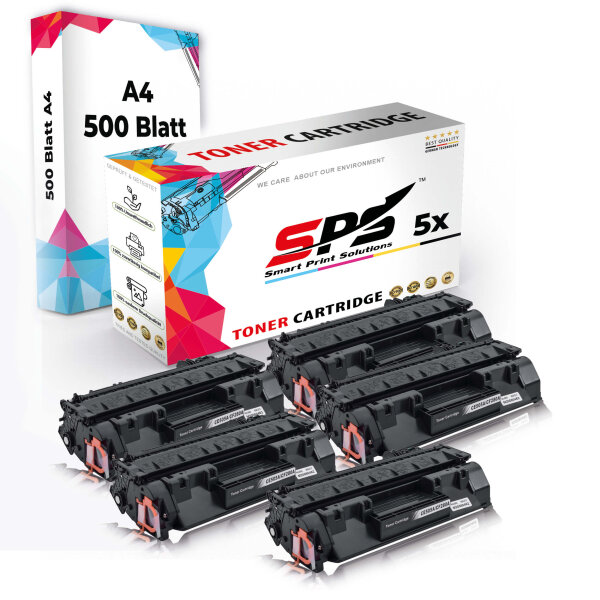 Druckerpapier A4 + 5x Multipack Set Kompatibel für HP LaserJet P 2053 X (CE505A/05A) Toner-Kartusche Schwarz XL 3500 Seiten