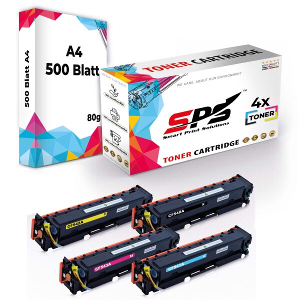 Druckerpapier A4 + 4x Multipack Set Kompatibel für HP Color Laserjet Pro MFP M 281 FDN (203A/CF540A,CF541A,CF542A,CF543A) Toner-Kartusche Schwarz,Cyan, Magenta,Gelb