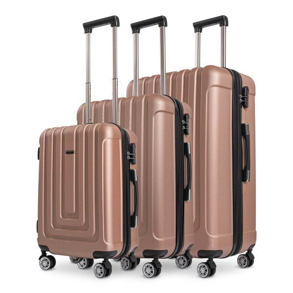 Reisekofferset 3-teilig (M+L+XL) RoseGold, Koffer mit 4 laufruhigen Rollen (360° Doppelspinnerräder) , ABS Trolley, TSA Zahlenschloss, Teleskopgriff