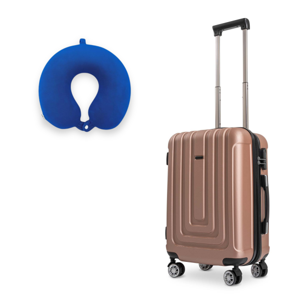 Reisekoffer M Rose Gold und Ergonomisches Nackenkissen Koffer mit 4 laufruhigen Rollen (360° Doppelspinnerräder) , ABS Trolley, TSA Zahlenschloss, Teleskopgriff