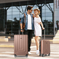 Reisekoffer M Rose Gold und Ergonomisches Nackenkissen Koffer mit 4 laufruhigen Rollen (360° Doppelspinnerräder) , ABS Trolley, TSA Zahlenschloss, Teleskopgriff