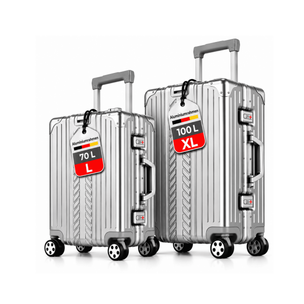 WINLIFE® SPARSET L+XL Reisekoffer Alu-Rahmen mit ABS & TSA Nummern-Schloss Checkin-Trolley L(65cm) + XL Koffer(75cm) Hartschalenkoffer | Silber