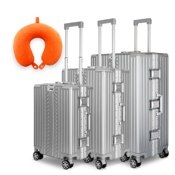 WINLIFE® 3in1 M+L+XL Handgepäck(53cm) + Checkin-Trolley(65cm) + XL Koffer(75cm) Reisekoffer SET mit Alu-Rahmen, ABS + Orange Nackenkissen & TSA Nummern-Schloss | Silber