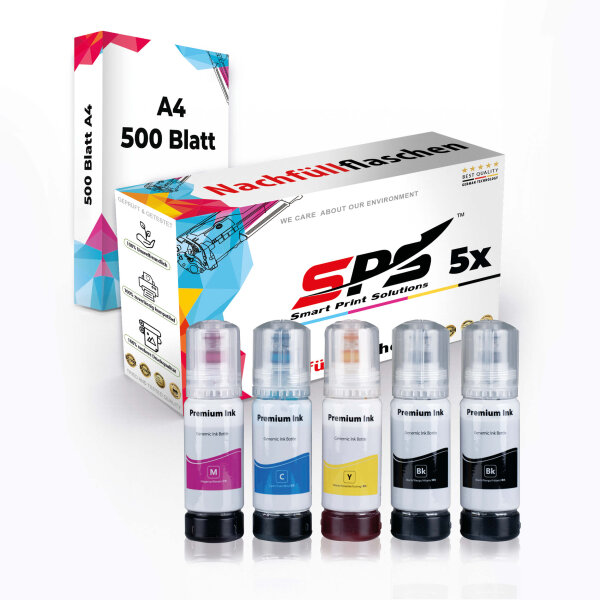 Druckerpapier A4 + 5x Multipack Set Kompatibel für Epson EcoTank ET-2726 Unlimited (104/C13T00P240, C13T00P340, C13T00P440, C13T00P140) Nachfüllflaschen