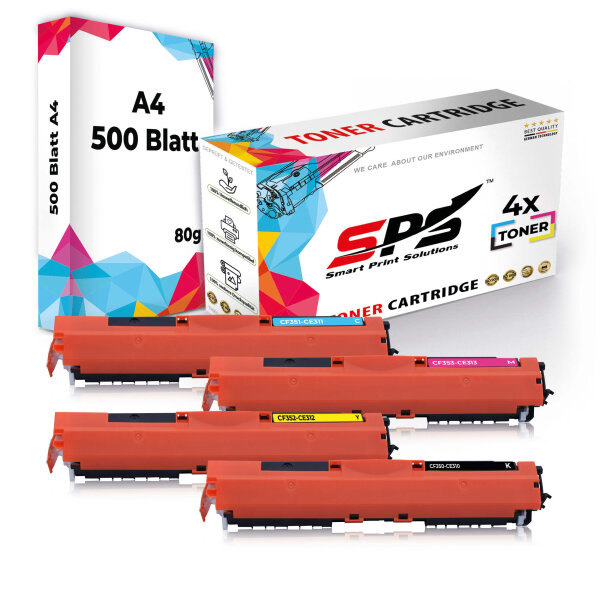Druckerpapier A4 + 4x Multipack Set Kompatibel für HP Color LaserJet Pro CP 1021 (130A/CF351A, CF353A, CF352A, CF350A) Toner