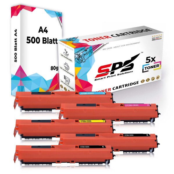 Druckerpapier A4 + 5x Multipack Set Kompatibel für HP Color LaserJet Pro CP 1025 nw (130A/CF351A, CF353A, CF352A, CF350A) Toner