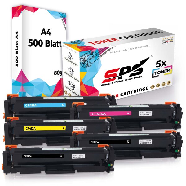 Druckerpapier A4 + 5x Multipack Set Kompatibel für HP Color Laserjet Pro M 452 (410A/CF411A, CF413A, CF412A, CF410A) Toner