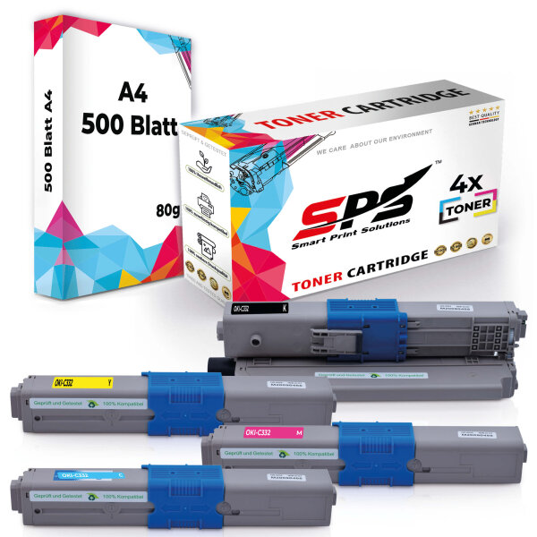 Druckerpapier A4 + 4x Multipack Set Kompatibel für OKI C 332 (46508711, 46508710, 46508709, 46508712) Toner